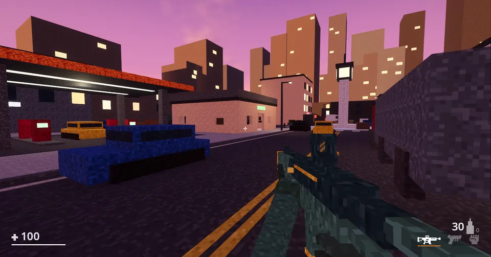 First-person view of a city street at dusk, rifle raised, cars parked along the kerb