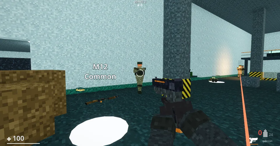 A firefight in the Lab, with a dropped M12 shotgun on the floor